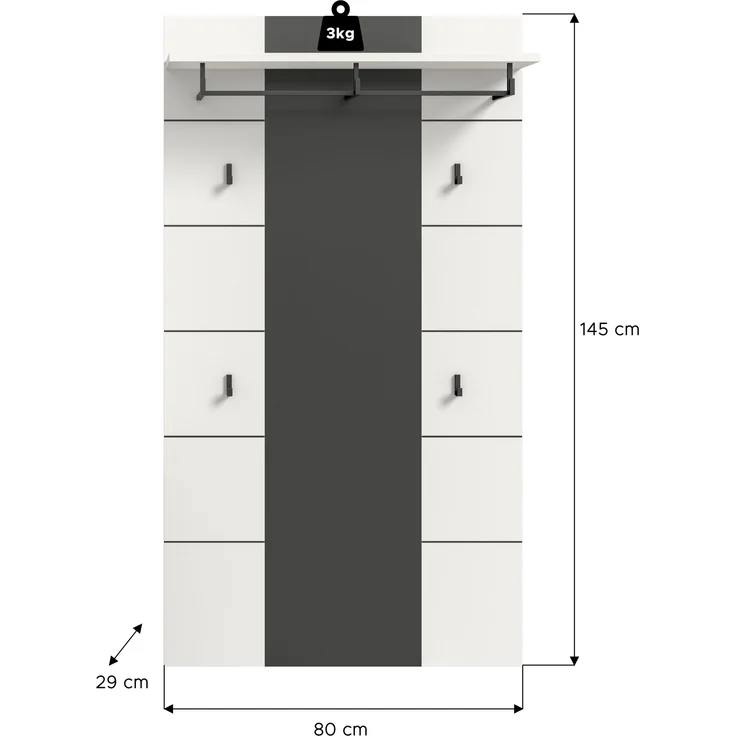 Garderobenpaneel >Canu< in Basalt Grau / Weiß - 80x141x29cm (BxHxT) – Bild 3