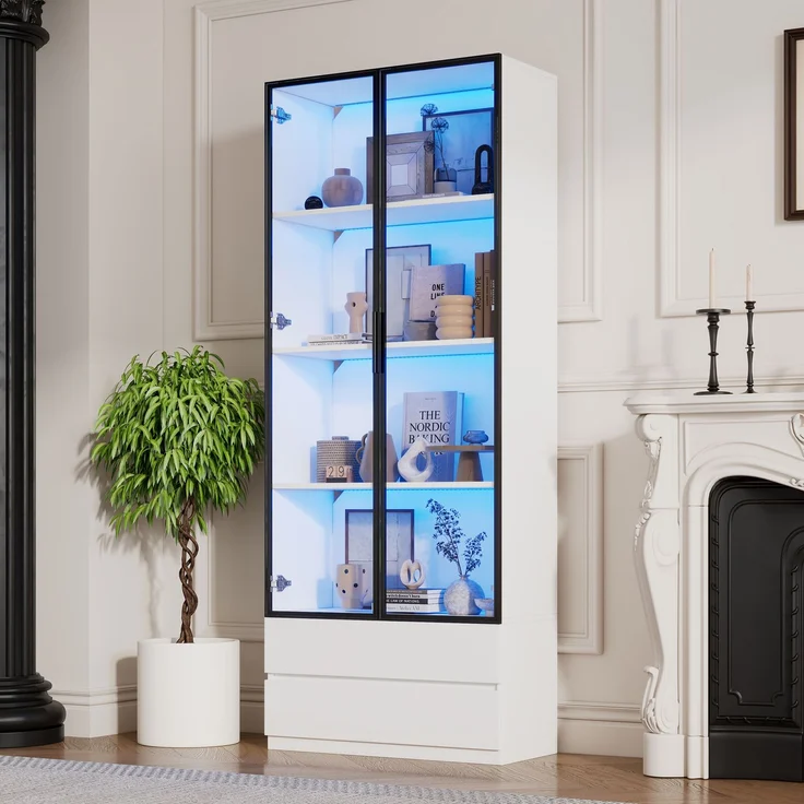 N625P332011012W)80*34*200cm Vitrine, Hochschrank mit LED-Leuchten, Wohnzimmer-Beistellschrank mit 2 Türen,Vitrinenschränke mit 2 Schubladen,Aufbewahrungsregale, Bücherregal, Display Regal,Weiß--Weiß--80x34x200cm--YOUDENOVA – Bild 2