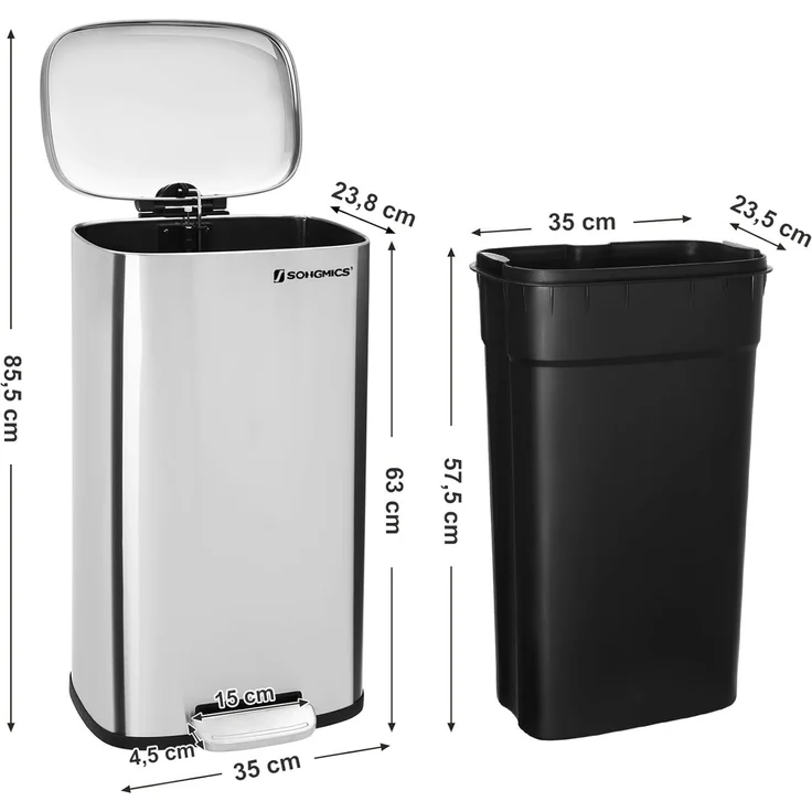 Songmics Mülleimer, geruchsdicht, Edelstahl, 30 Liter, Silber – Bild 5