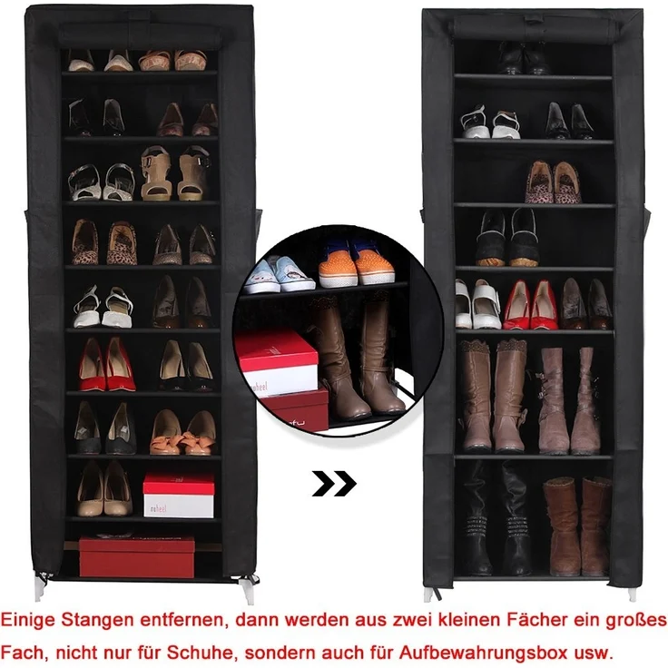 10 Schicht staubdichtes Schuhregal Schuhschrank Regale für ca. 27 paar Schuhe Beige 58 x 28 x 160cm Schwarz RXJ10H – Bild 2