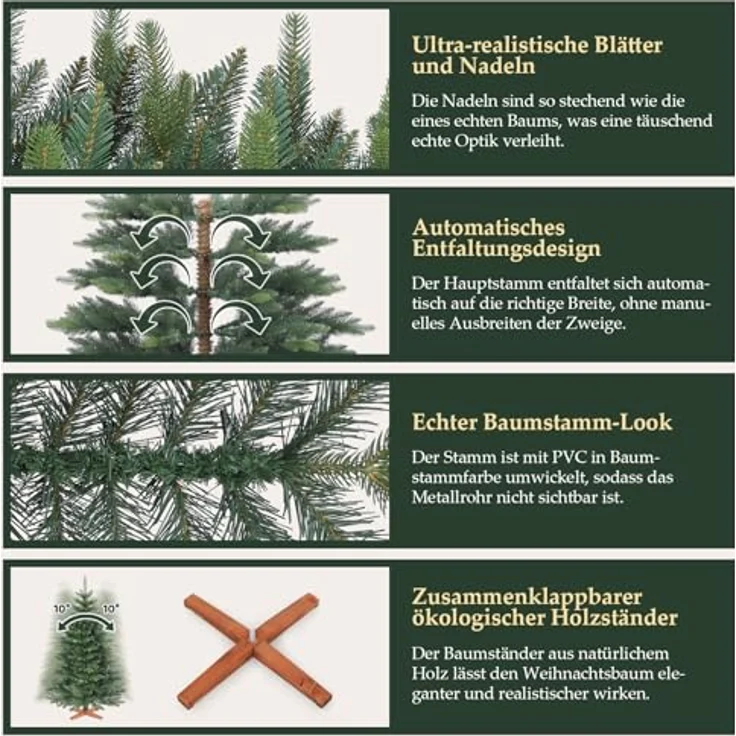 SALCAR 180cm Künstlicher Weihnachtsbaum Premium, Nordmanntanne mit Holzständer, Realistische PE+PVC Tannenbaum, Einfacher Aufbau für Ihre Weihnachtsdekoration – Bild 5