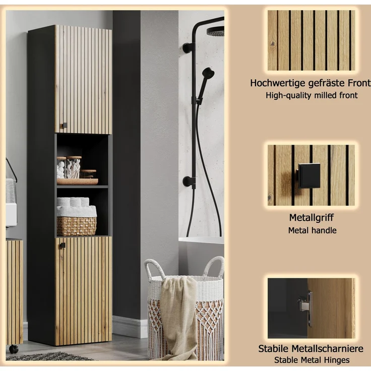 Badezimmer Hochschrank Bliss in Evoke Eiche und grau 40 x 186 cm – Bild 8