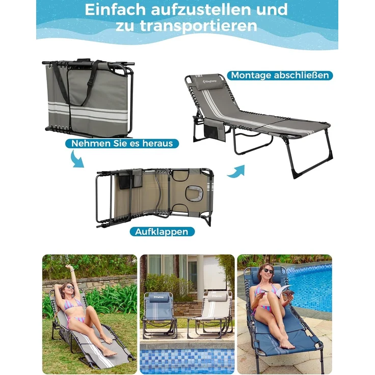 KingCamp 2er Set Sonnenliege Klappbarer mit Lesefenster, Liegestuhl Klappbar 5-Position-Verstellbare Rückenlehne Leicht mit Kopfstütze Strandliege klappbare für Strand Garten Terrasse Camping – Bild 7