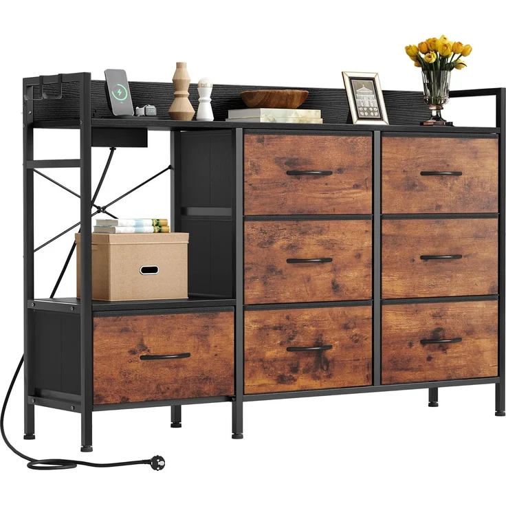 YITAHOME Kommode Schlafzimmer mit 7 Stoffschubladen, Kommode mit 2 Steckdosen, 2 USB-Anschlüssen und LED-Lichtleiste, TV-Schrank mit seitlichen Haken,Braun