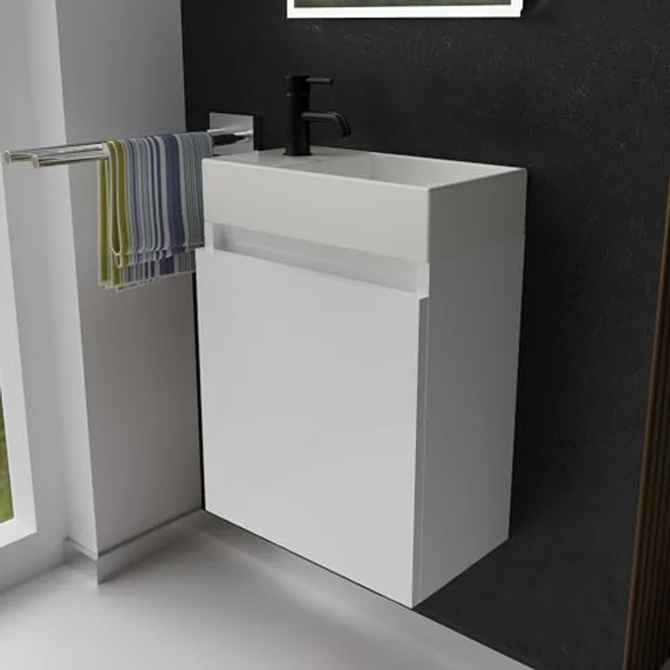 Alpenberger Badmöbel-Set Gäste WC Waschbecken mit Unterschrank - Badschrank Hängend, (2-tlg. Waschtisch Set Weiß, Waschbeckenunterschrank mit Softclose), Waschplätze für Kleine Bäder - Badschrank Hängend und Vormontiert – Bild 2