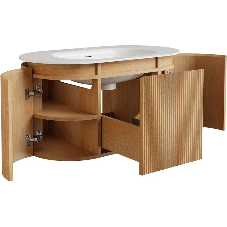 Vente-unique - Hängender Badschrank gestreift aus Eschenholz mit Einbau-Waschbecken aus mattem Harz – Hellnatur – L90 cm – LILIKO – Bild 6