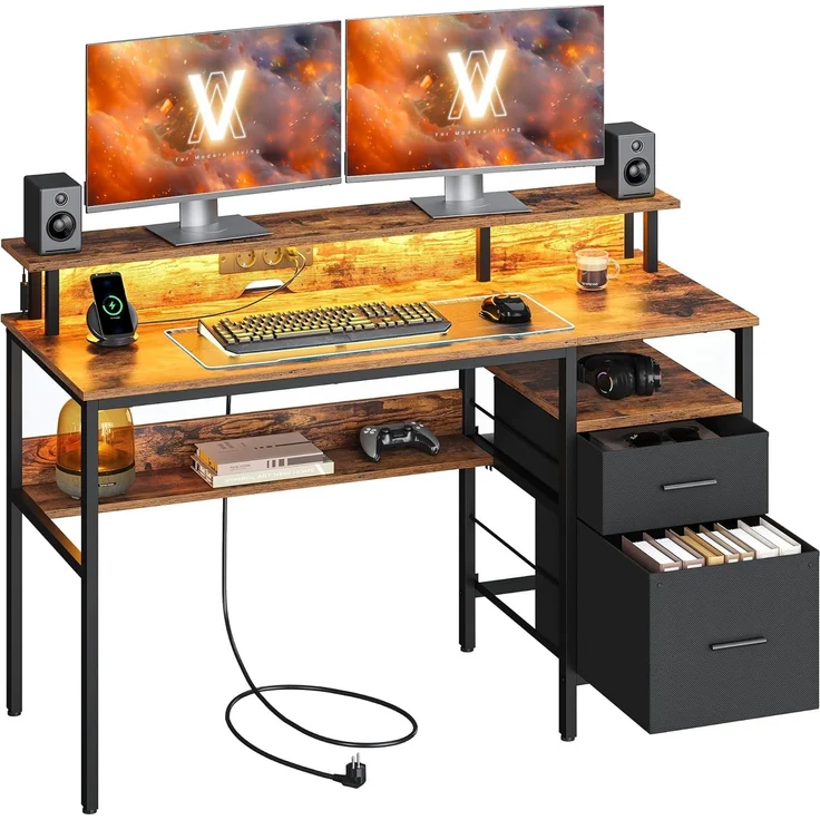 VASAGLE Schreibtisch mit Stoff-Schubladen, Computertisch mit Monitorständer, LED-Beleuchtung, 55 x 135 x 90 cm, eingebaute Steckdosen, 2 USB-A-Anschlüsse, für Homeoffice, vintagebraun LWD094K02 – Bild 1