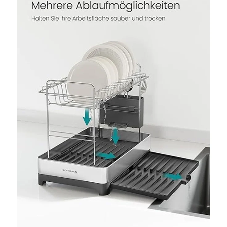 SONGMICS Abtropfgestell 2-stufig, ausziehbarer Abtropfständer, Geschirr-Abtropfgestell mit Utensilienhalter, rostfrei, für Geschirr, Messer, Löffel, Gabeln, silbern-grau KCSDE036G01 – Bild 4
