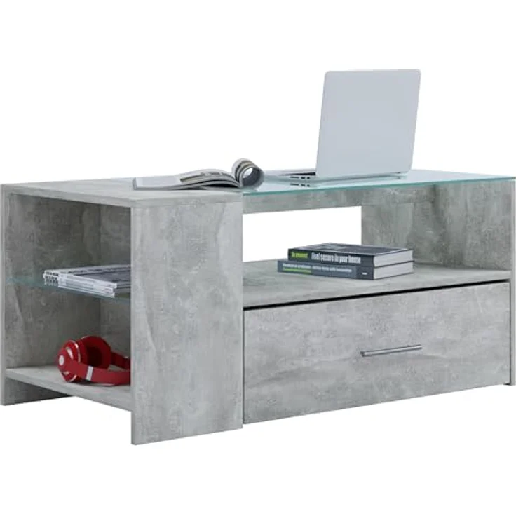 MID.YOU Couchtisch Grau, Glas, Holzwerkstoff, 1 Schublade, 100x45x50 cm, offenes Fach mit Stauraum – Bild 4