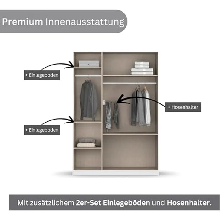 Rauch Möbel Costa, Kleiderschrank für Schlafzimmer, Kinderzimmer, Babyzimmer, Garderobe, Flur, 3-türig, 2 Schubladen, Push-to-Open, mit Zubehör Premium, Farbe Beige/Eiche Artisan, Holz, Breite 136 cm – Bild 6