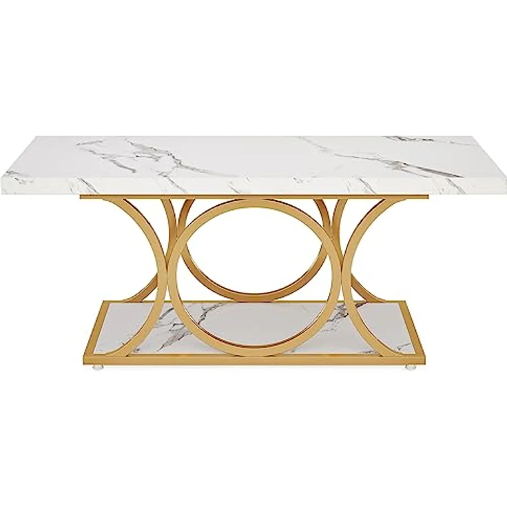 LITTLE TREE Weißer rechteckiger Couchtisch, 119 cm, moderner Couchtisch für Wohnzimmer, 2-stöckiger Couchtische aus Kunstmarmor, mit Stauraum, großer Mitteltisch mit goldfarbenen Metallbeinen – Bild 10