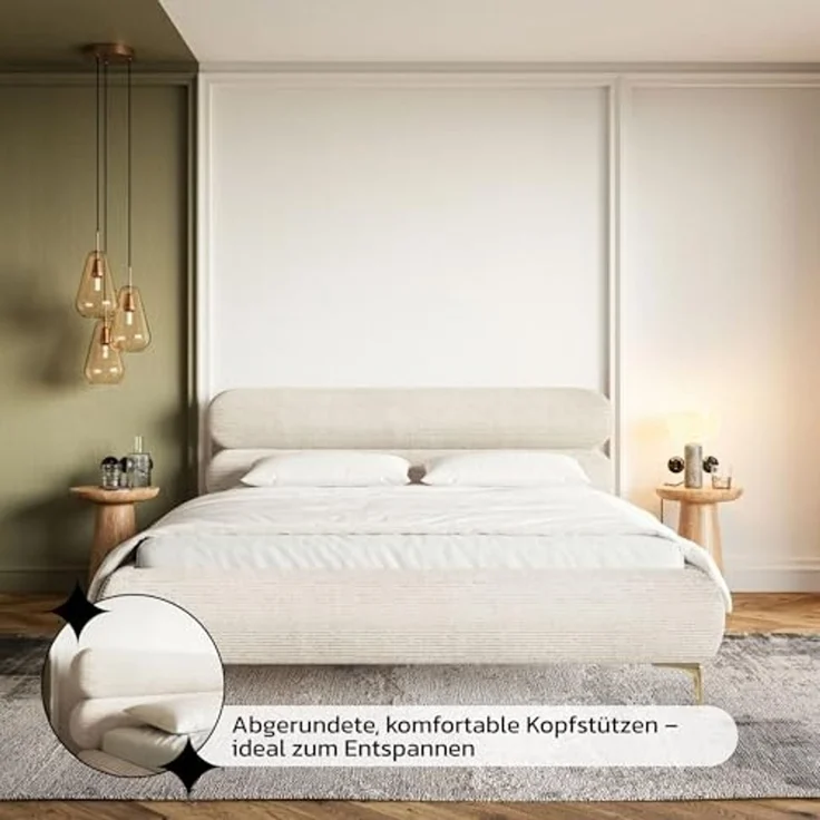 Selsey Polsterbett 180x200 cm Cord Hellbeige – Bett mit Stauraum und Bettkasten, gepolstertes Bett mit Lattenrost und Metallrahmen, Doppelbett Schlafzimmer mit goldfarbenen Füßen und Gasdruckfedern – Bild 5