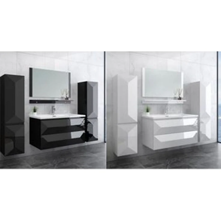 Miran Badmöbel Set 90 cm Weiß Hochglanz mit Spiegel 2x Seitenschränke Links + 2x Seitenschrank Rechts, 1x Waschbeckenunterschrank, 1x Spiegelablage, 1x Spiegel – Bild 6