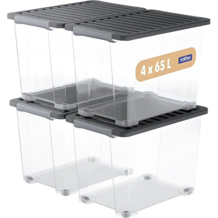 Rotho Core Plus Aufbewahrungsbox mit Deckel 65 L auf Rollen 4er-Set Schwarz | Aufbewahrungsboxen stapelbar, verschließbar, transparente Boxen, Kunststoffboxen-Set, große Rollboxen für die Aufbewahrung