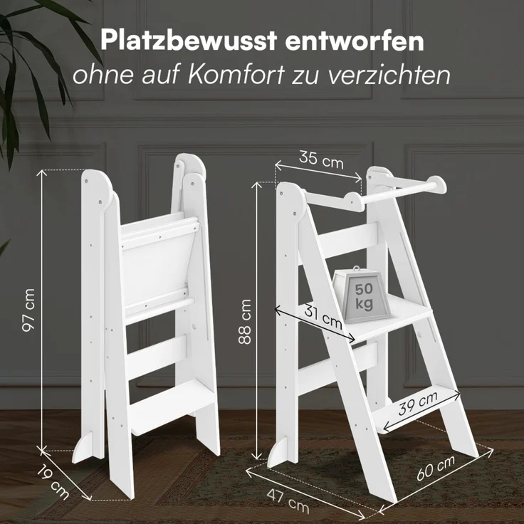 Bellabino 'Tay' Lernturm für Kinder ab 1 Jahr, Tritt 2-fach höhenverstellbar, weiß, Birke Sperrholz, klappbar, Tritthocker bis 50 kg belastbar – Bild 9