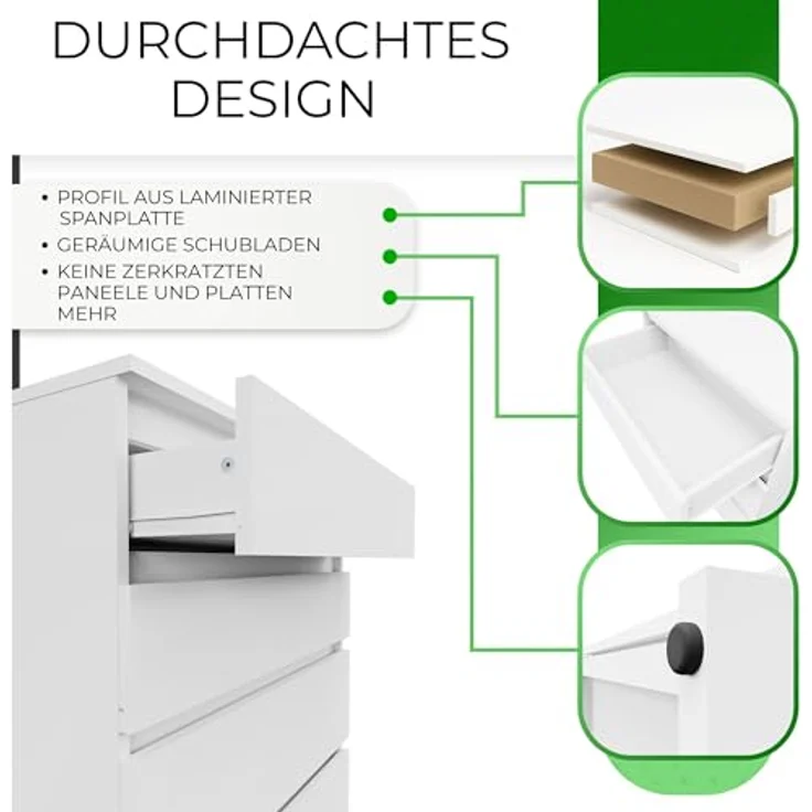 CDF Kommode Malwa M5 | Farbe: Weiss | Schrank für Dokumente, Kleinigkeiten | Ideal für Wohnzimmer, Schlafzimmer, Kinderzimmer, Jugendzimmer und Büro | 5 geräumige Schubladen – Bild 5