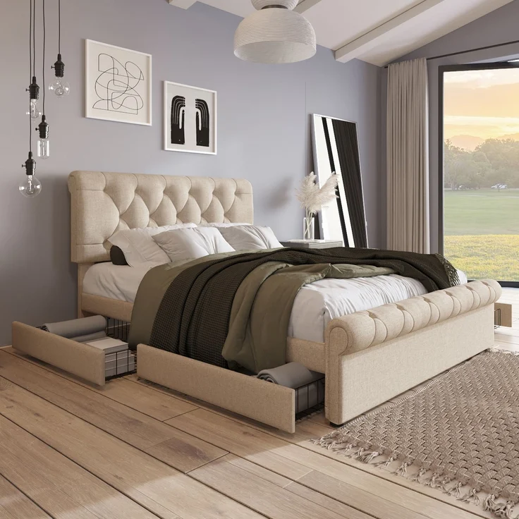 Polsterbett 140x200 cm mit 4 Schubladen, höhenverstellbarem Kopfteil im Scroll-Design, Leinenbett mit Stauraum,inklusive Matratze – Bild 2