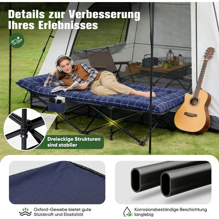 Sekey Feldbett 190x71 cm Campingbett Klappbar mit Matratze Gästebett Klappbett Tragbares Campingliege bis 200kg, Kariert, für Outdoor, Indoor, Reisen – Bild 3