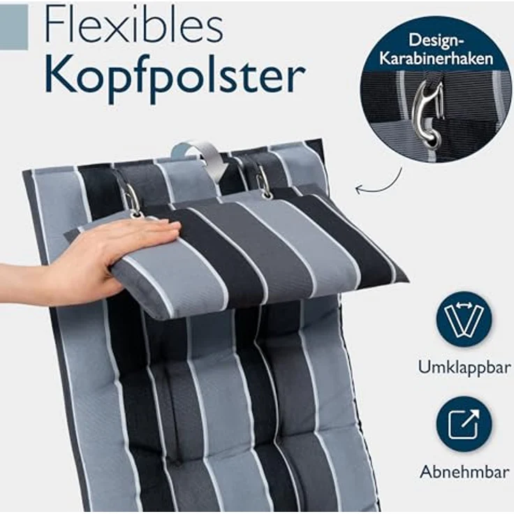Beautissu Hochlehnerauflage 2er Set Sun-HL, 120x50x8cm, anthrazit-gestreift, mit Kopfpolster, rutschfest & robust, UV 5, Befestigungsbänder – Bild 6