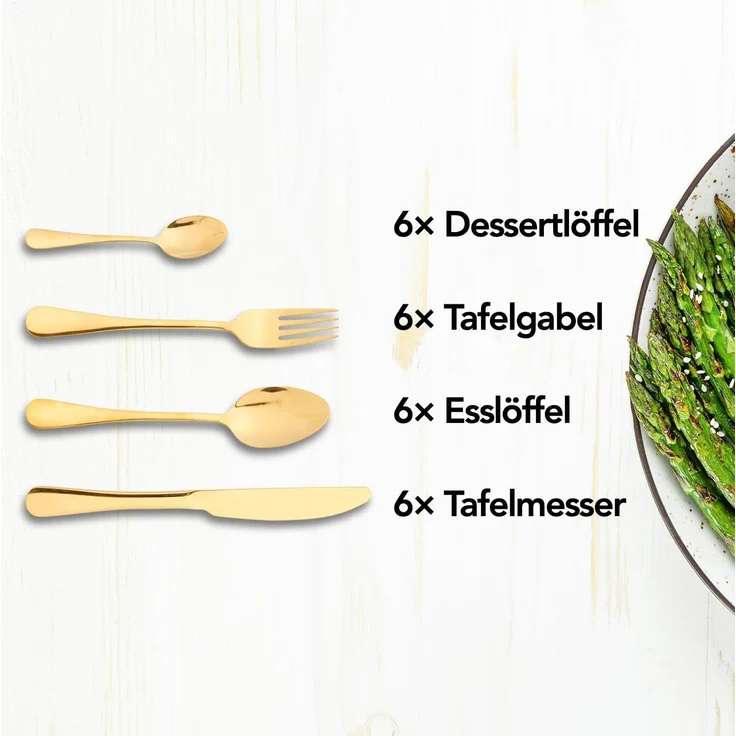 Brixy Besteckset - Gold - 24-teilig - 6 Personen Besteck - Messer/Löffel/Gabel - Edelstahl - Gold – Bild 5