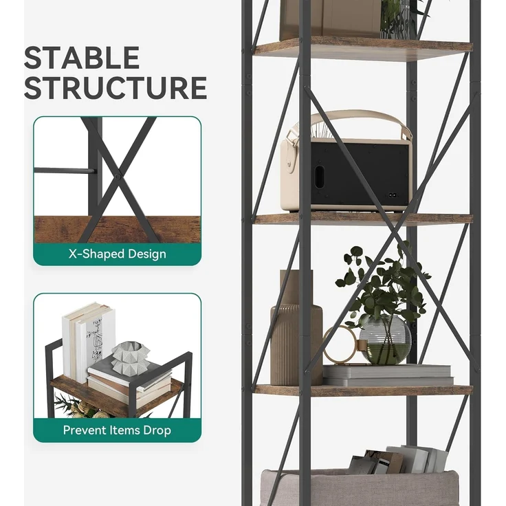 YITAHOME Bücherregal, 5-stöckiges Industrielles Standregal, Holzregale und Metallrahmen, Ausstellungsregal, Lagerregal für Wohnzimmer, Home-Office, Küche, Schlafzimmer, Vintagebraun Regal – Bild 4