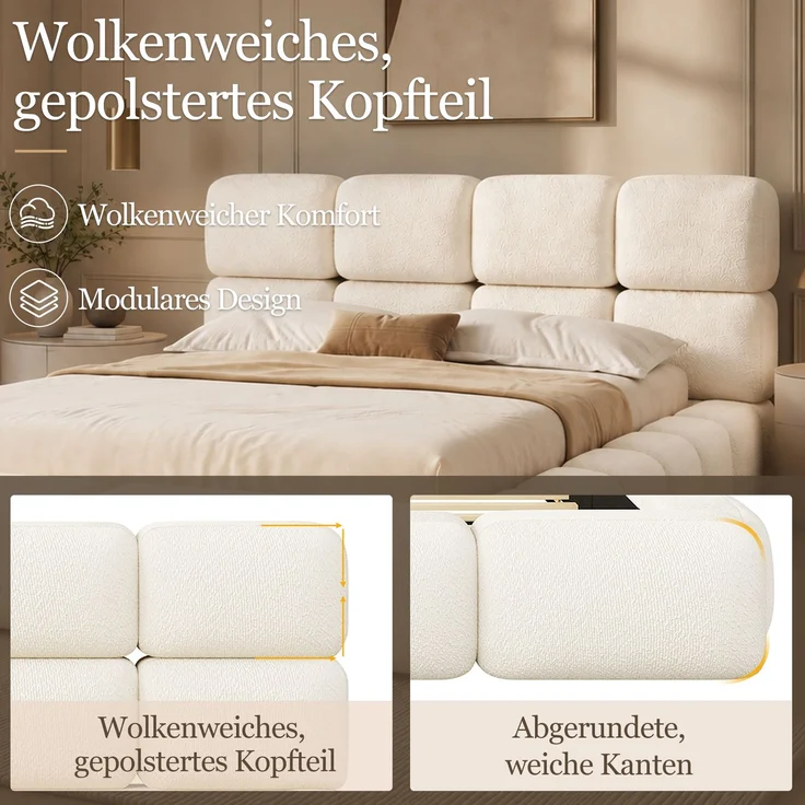 Gepolstertes Doppelbett, 180 x 200 cm, hydraulisch verstellbar, wolkenförmiges Bett, Stauraumbett, Bubble-Design, mit Lattenrost, Kopfteil und großem Stauraum, gepolstertes Kopfteil, weißer Schlingenveloursstoff. – Bild 6