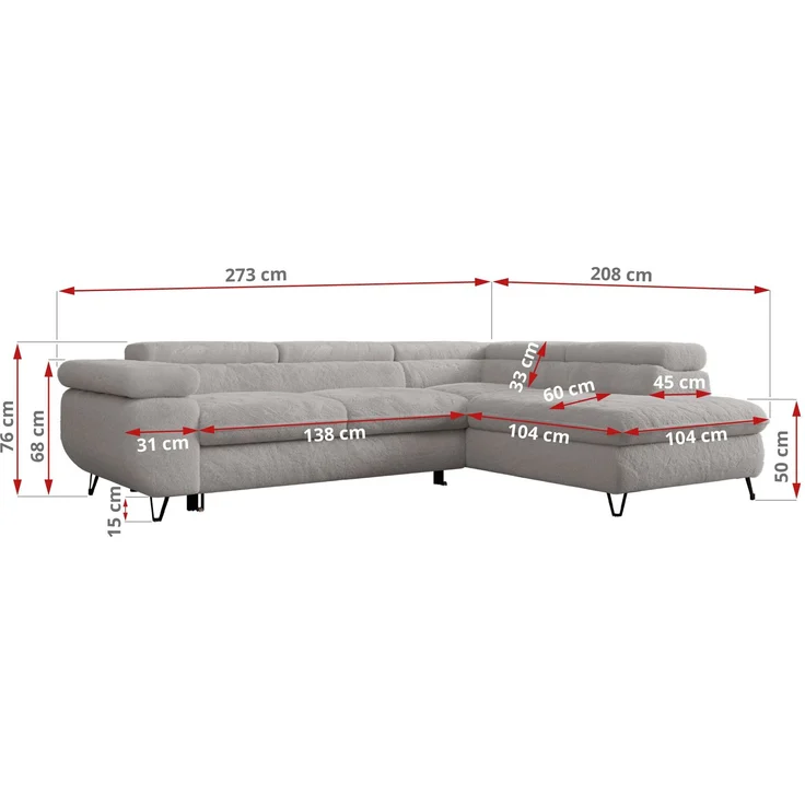 Ecksofa mit Bettfunktion, Modern Sofa, L-form, Einstellbare Kopfstützen, Bettkasten - PETER - Hellgrau Plüsch - Topper T25 - links – Bild 7