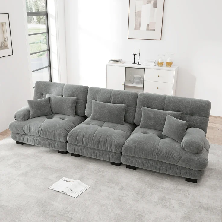 3-Sitzer Modulares Ecksofa mit Tiefensitz,80% Chenille Schlafsofa Komfortabel Gepolstert für Wohnzimmer Apartment Studio Büro,Chenille,Grau, – Bild 2
