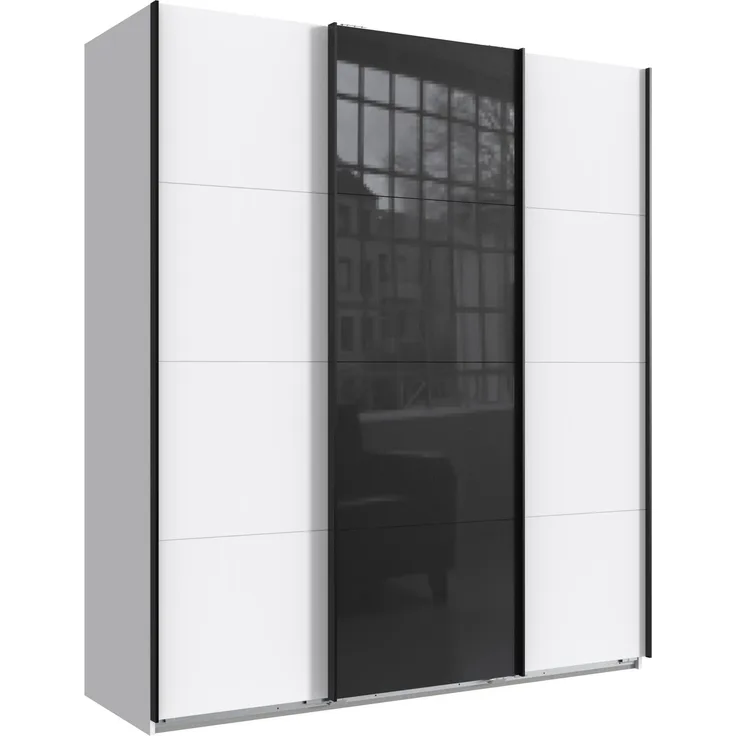 Schwebetürenschrank Kleiderschrank B180 cm H208 cm 3-türig Weiß, 1x Tür Glas Schwarz