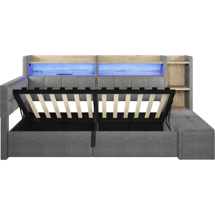 Stauraumbett mit LED-Beleuchtung, Bettkasten, Lattenrost, Regal und USB/Type-C Anschlüssen, 90x200 cm, Schlafsofa, Einzelbett, Jugendbett, Samt – Bild 9