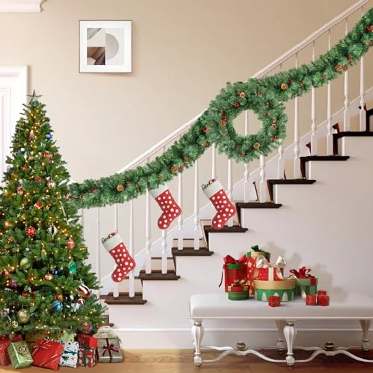 Tannengirlande Aussen Innen, Uten Künstlicher Weihnachtsgirlande 180cm Tannenzapfen und rote Beeren Weihnachtsdeko für Haustür, Treppe, Kamin – Bild 6
