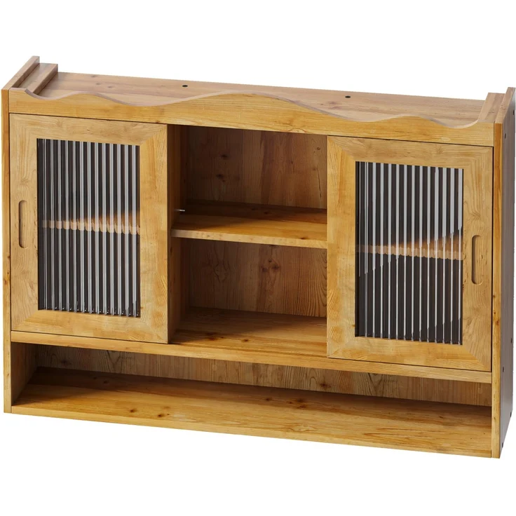 DESVIAE Sideboard mit 2 Schiebetüren 90x60x20 cm aus Massivholz und Glas, Natur – Bild 7