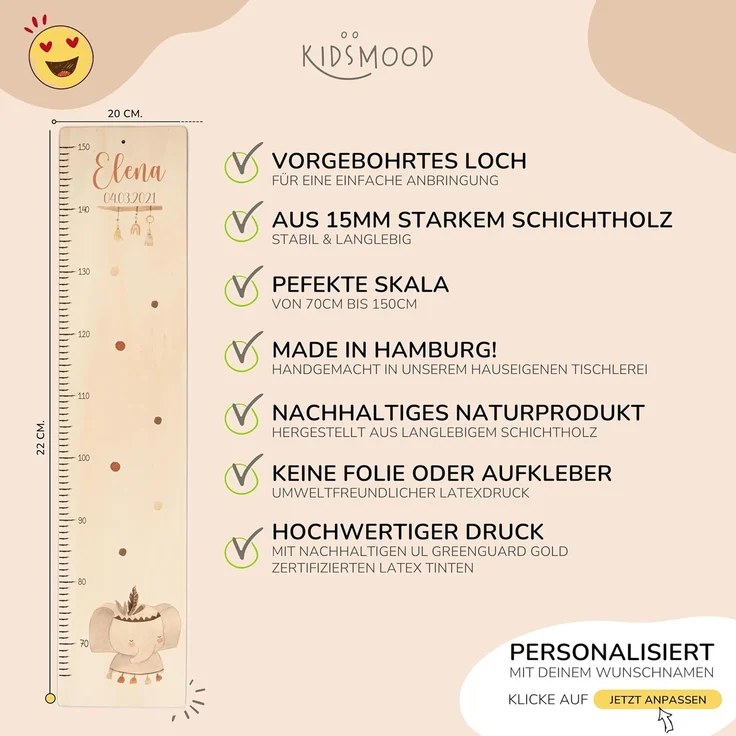 KIDSMOOD - Messlatte für Kinderzimmer Personalisiert, 70-140 cm - Messlatte Kinder Holz personalisiert Mit Namen für Baby- & Kleinkinderzimmer - Individuelles Geschenk für Kinder und Babys zum Geburt – Bild 3