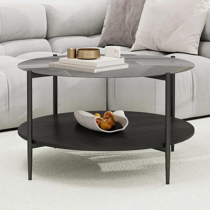 Couchtisch 82 x 82 x 45 cm, mit runder Tischplatte, mit Glastischplatte, aus Glas und Eisen und Holz, Schwarz – Bild 5
