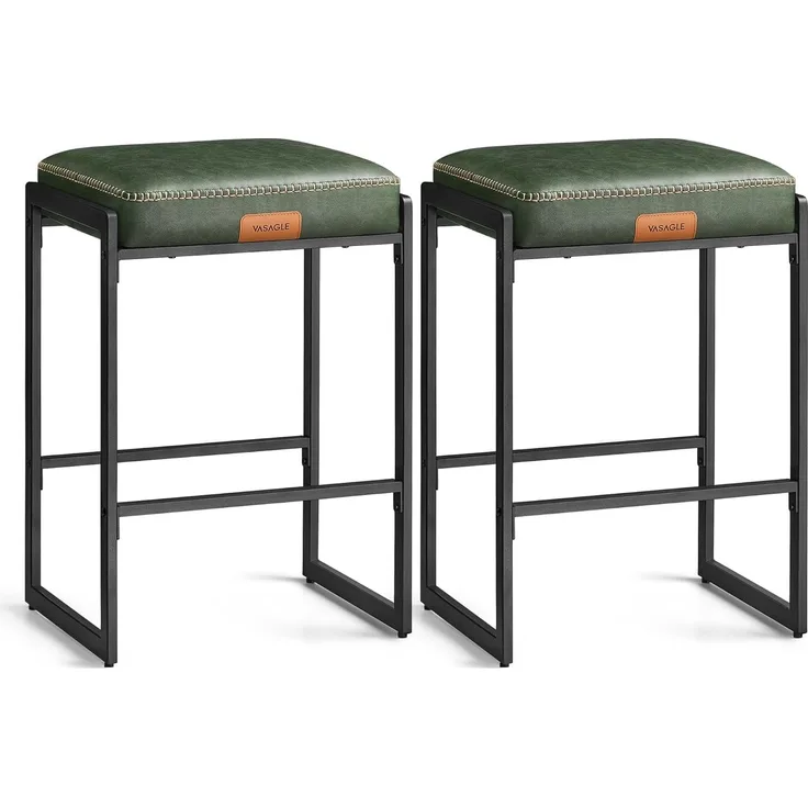 Vasagle EKHO Kollektion - Barhocker 2er Set, Barstuhl, Küchenstuhl, Kunstleder mit Nähten, Mid-Century-Modern-Stil, 66 cm hoch, Hausbar, Esszimmer, einfacher Aufbau, waldgrün LBC086C01