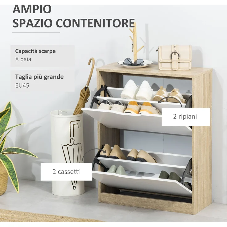 Platzsparender Schuhschrank „Slim“ mit 2 Schubladen für 8 Paar Schuhe, 62,5 x 26 x 81 cm, Holz und Weiß – Bild 6