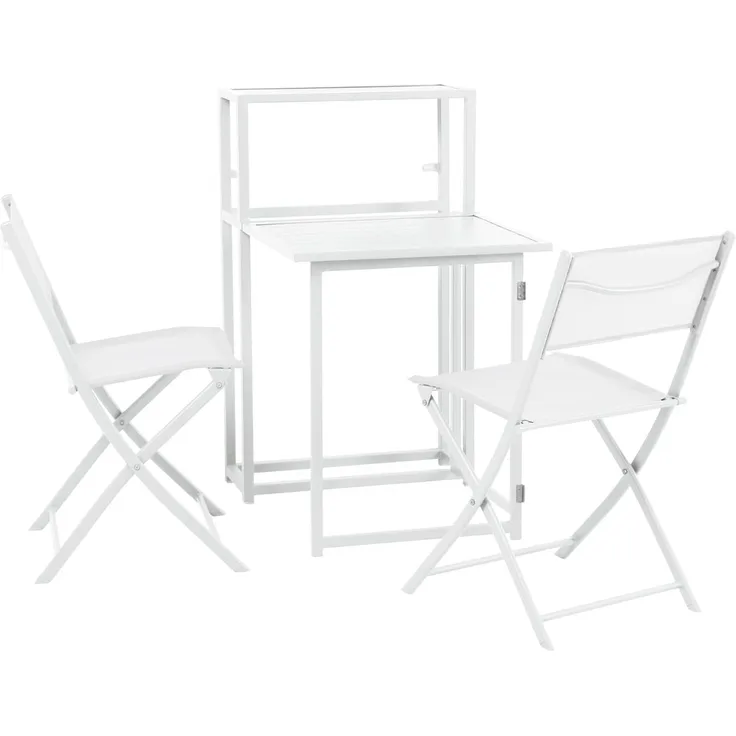 SVITA Balkonset, (Platzsparendes Set, Ausklappbarer Tisch mit 2 Stühlen und ein Regal zum Verstauen), Tisch und Stühle platzsparend verstaubar