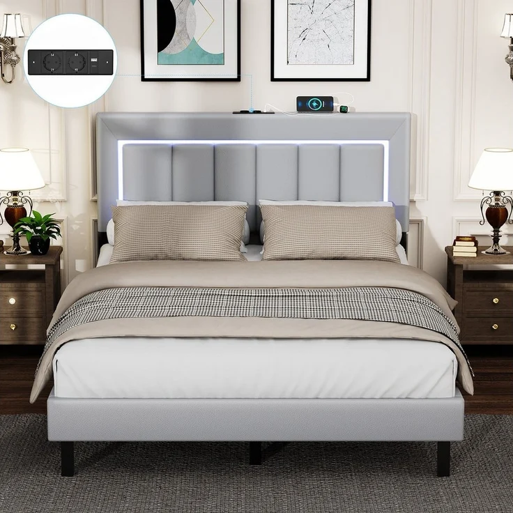 oyajia Polsterbett Polsterbett Doppelbett mit USB+Type C und LED-Beleuchtung (Jugendbett, Bettgestell), 90/140x 200 cm,Gepolstert,Kunstleder,mit Kopfteil und Lamellen – Bild 3
