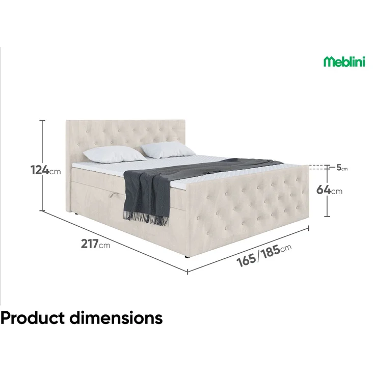 MEBLINI Boxspringbett PEDRO 160x200cm - H3P/Beige Samt - mit Bettkasten - Polsterbett - Doppelbett mit Topper & Taschenfederkern-Matratze – Bild 7