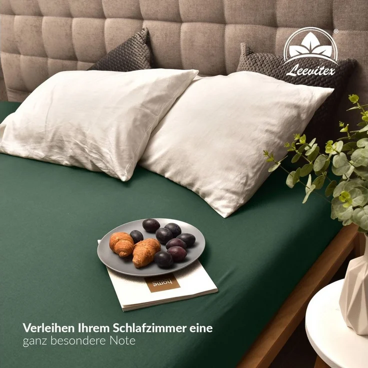 leevitex® Spannbettlaken, Premium 170g/m², Gummizug: rundum, schwer und dick, 100% Jersey-Baumwolle, Dunkelgrün / Tannengrün, Topper | 90 x 200 - 100 x 220 cm – Bild 4