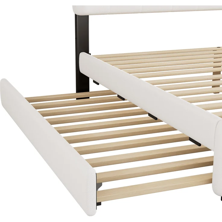 Polsterbett mit LED-Beleuchtung, Gästebett, Lattenrost und 2 Schubladen, 140x200 cm, Doppelbett mit Stauraum, Leinen, weiß – Bild 2