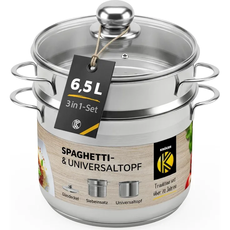 KARL KRÜGER Spaghettitopf mit Glasdeckel 6,5 l Ø24cm Edelstahl 3teilig