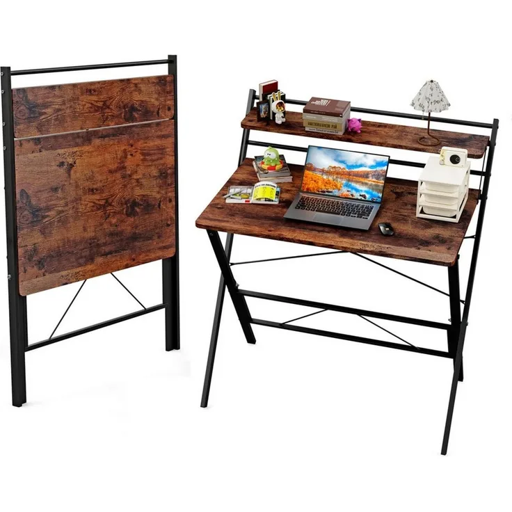 JEOBEST Computertisch Klappbarer Schreibtisch mit Regal, Home Office, kleiner Arbeitstisch 80 x 50 x 107cm