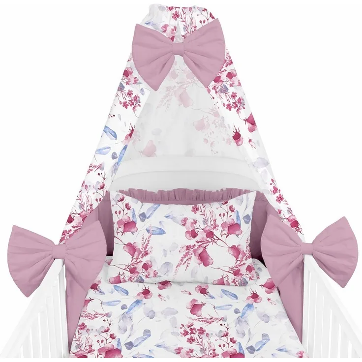 Amilian Babybettwäsche Set 7-teilig - Bettwäsche 100x135 - Kissenbezug 40x60 - mit Himmel, Vollstoffhimmel, 7 teilig, Komplett-Set für Babybett, Gitterbett - Kinderbettwäsche