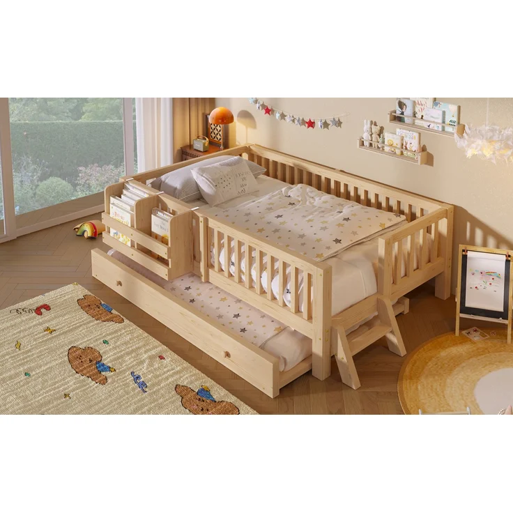ZUBALIYA Holzbett 90 x 200 cm – Ausziehbett, flexible Montage, Geländer, MDF, Kiefer, Holzfarbe – Bild 10