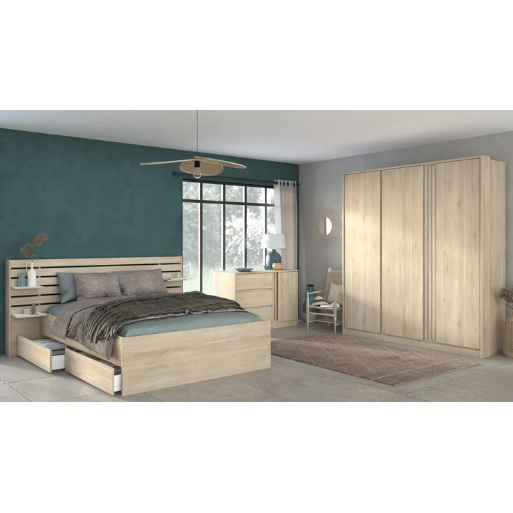 Parisot Schlafzimmer-Set Escale 27 Eiche – Bett 180×200 cm mit 2 Schubladen & Ablagen, Kleiderschrank & Kommode