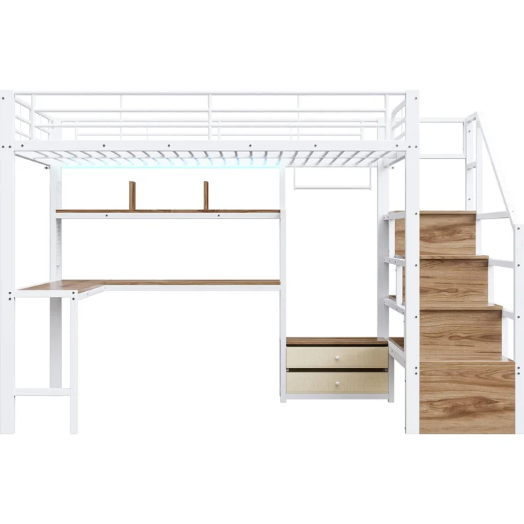 Merax Hochbett, Kinderbett 140 x 200 cm, Jugendbett mit 2 Schubladen, mit LED-Lichtleiste, Schreibtisch, Ohne Matratze, Weiß – Bild 9