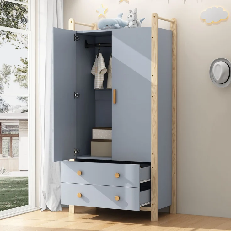 Doppelklappengarderobe, Kombinationsgarderobenset, Garderobe + Regal, Kinderzimmer-Set, Kombinationsmöbel, mit Kleiderstange und Schubladen, Fichtenrahmen, Farbkombination Blau + Naturholz, Höhe 180cm – Bild 10
