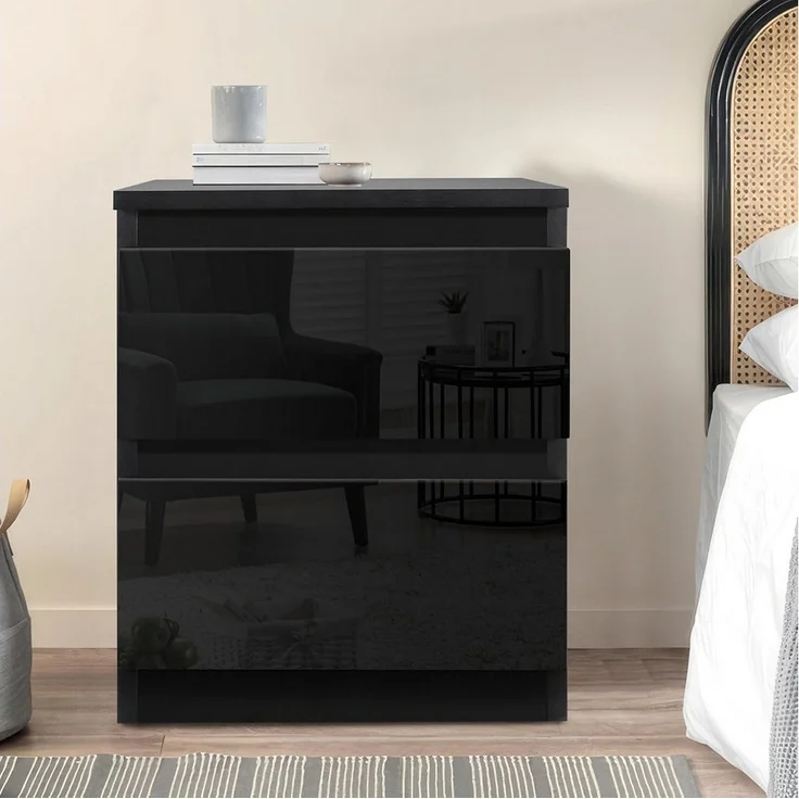 HTI-Living Nachtschrank Nachtschrank Kenji Hochglanz Schwarz (Stück, 1-St, 1 Nachtschrank) Nachtkommode 2 Schubladen – Bild 2
