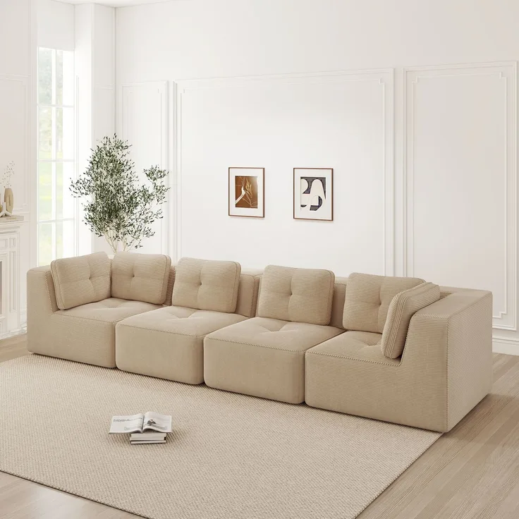 EINHOM Rahmenloses Wohnzimmersofa , modulares Ecksofa mit Eckelement, bequemes Viersitzer-Sofa mit tiefer Sitzfläche und weichen Kissen und Cordbezug, kein Aufbau erforderlich, rutschfestes Design, Beige
